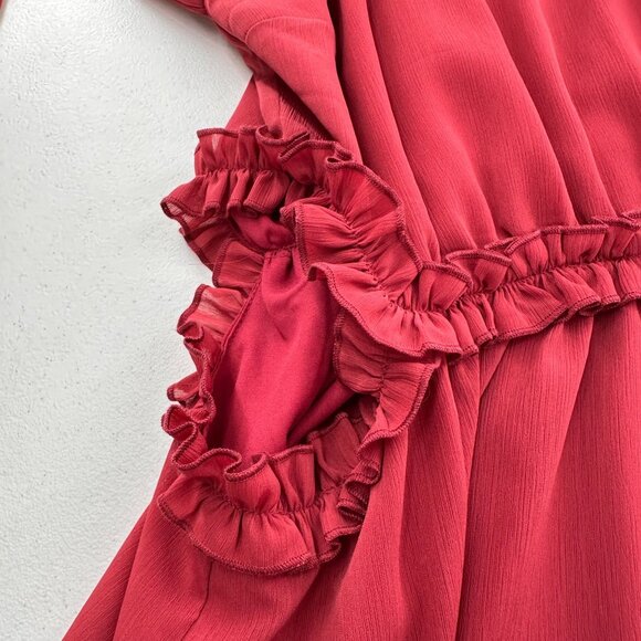 Lulus Red Long-Sleeve Cutout Waist Mini Dress Size L Ruffle Rusty Rose Mock Neck - Picture 8 of 14